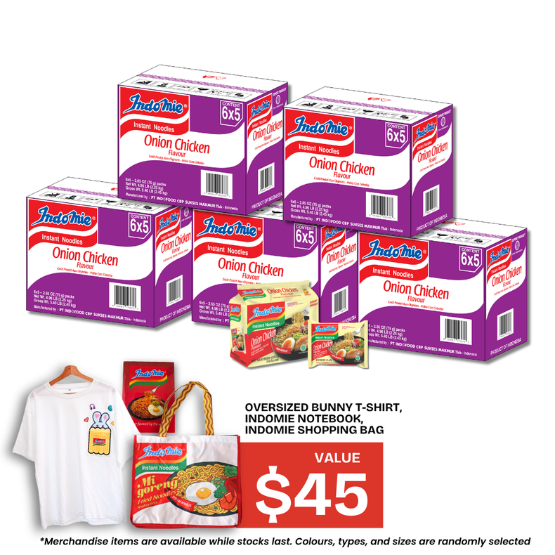 5 Boxes of Onion Chicken Flavour (5 x 30pk) + Oversized Bunny T-Shirt + Shopping Bag + Notebook