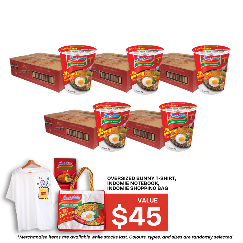 5 Boxes of Mi Goreng Cup (5 x 12 cups) + Oversized Bunny T-Shirt + Shopping Bag + Notebook