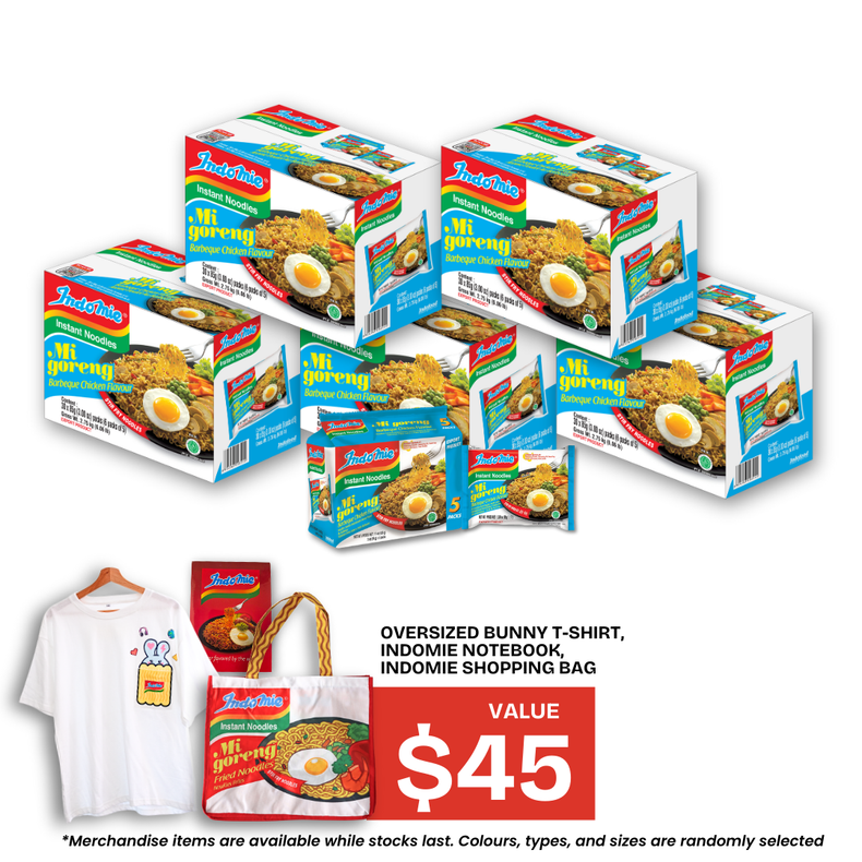5 Boxes of Mi Goreng BBQ Chicken (5 x 30 pk) + Oversized Bunny T-Shirt + Shopping Bag + Notebook