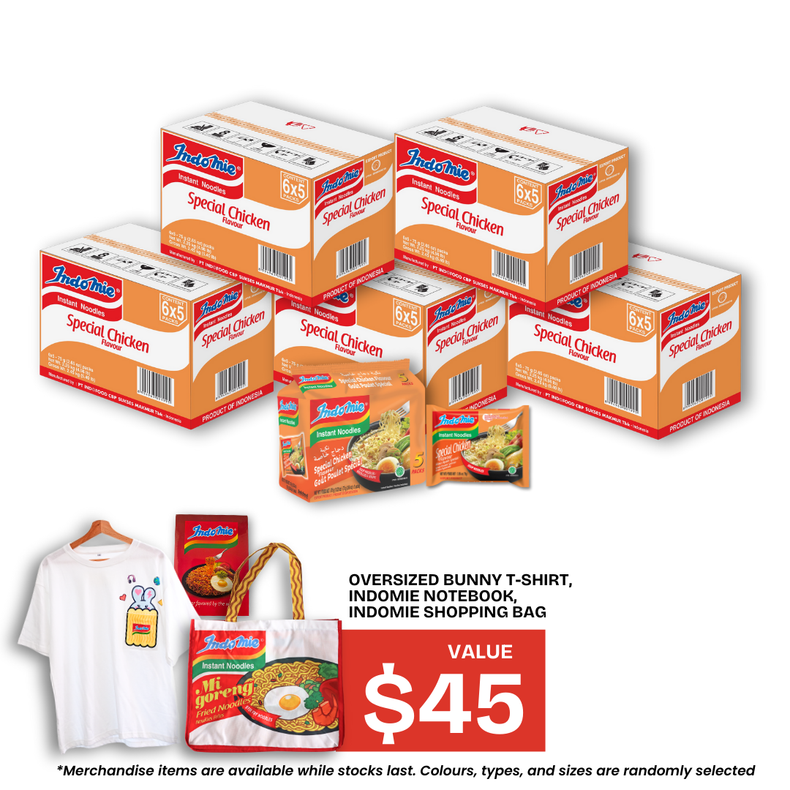 5 Boxes of Special Chicken Flavour (5 x 30 pk) + Oversized Bunny T-Shirt + Shopping Bag + Notebook