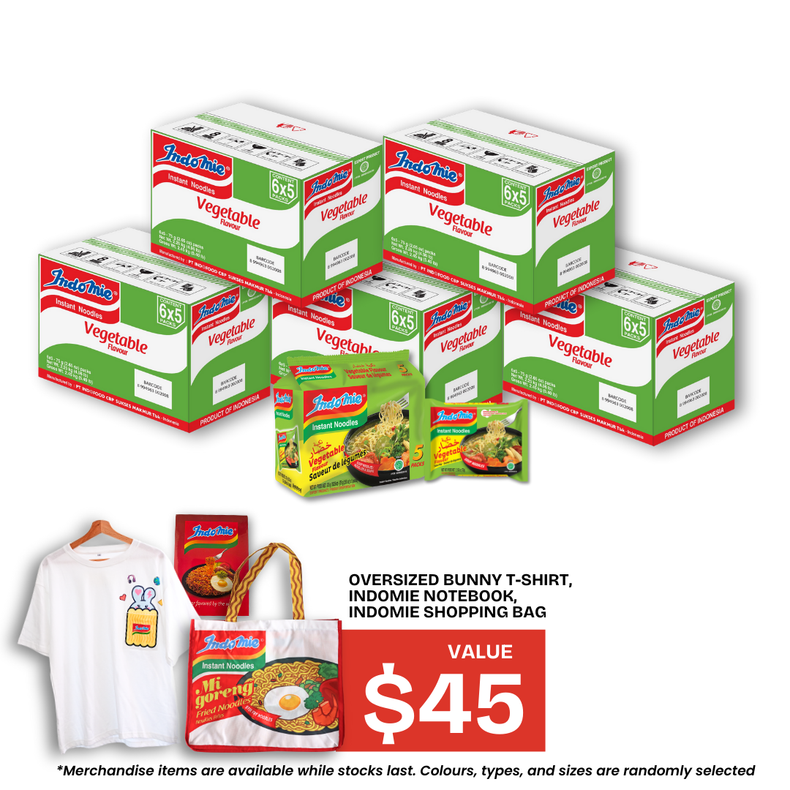 5 Boxes of Vegetable Flavour (5 x 30 pk) + Oversized Bunny T-Shirt + Shopping Bag + Notebook