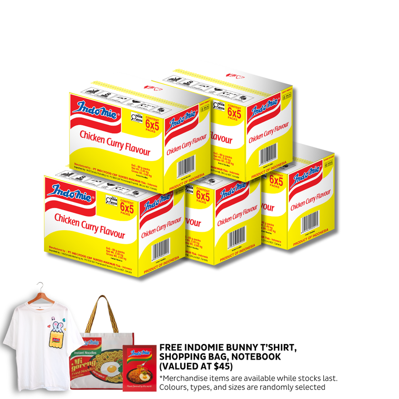 5 Boxes of Chicken Curry Flavour (5 x 30 pk) [BBD: Feb 2026] + Oversized Bunny T-Shirt + Shopping Bag + Notebook