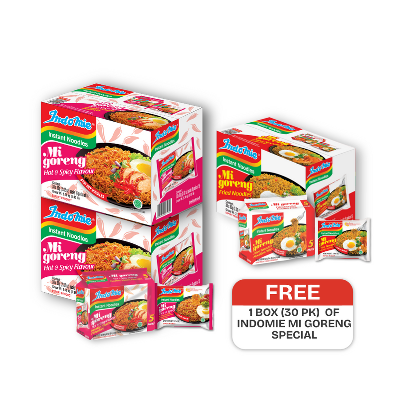 2 Boxes of Mi Goreng Hot & Spicy (2 x 30 pk) + FREE 1 BOX INDOMIE MI GORENG SPECIAL (30 pk) [BBD: Nov 2025]