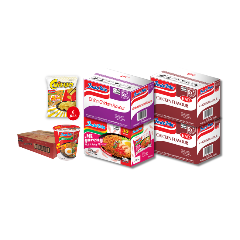 2 Boxes of Chicken Flavour (2 x 30 pk) [BBD: Aug 2026] + Onion Chicken Flavour (30 pk) + Mi Goreng Hot & Spicy (30 pk) [BBD: Oct 2026] + Indomie Mi Goreng Cup (12 cups) + Chitato Mi Goreng (6 pk) [BBD: Sep 2026]