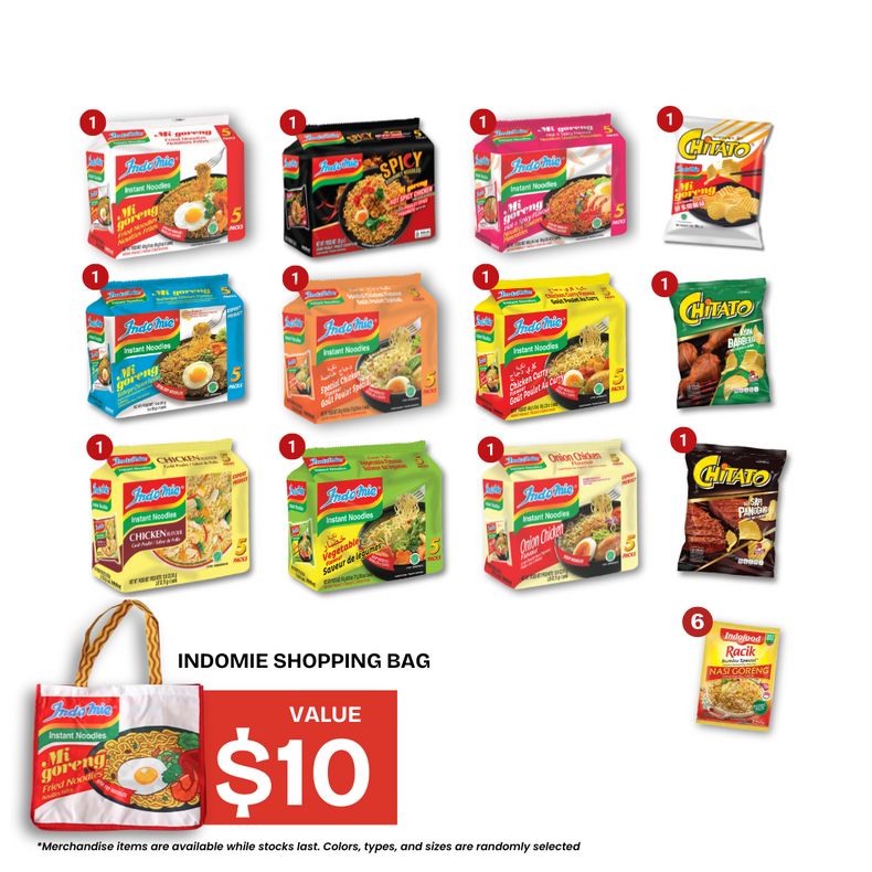 Assorted Box - 9 Indomie Flavours (45 pk) + 3 pcs Chitato Potato Chips + 6 pcs Racik Instant Seasoning + Shopping Bag