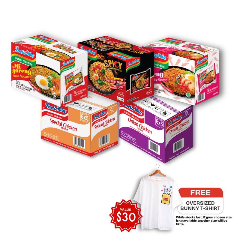 Mi Goreng Special (30 pk) + Mi Goreng Hot Spicy Chicken (30 pk) + Mi Goreng Hot & Spicy (30 pk) [BBD: Dec 2025] + Special Chicken Flavour (30 pk) + Onion Chicken Flavour (30 pk) [FREE BUNNY T-SHIRT]
