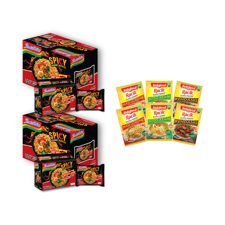 2 Boxes of Indomie Mi Goreng Hot Spicy Chicken (2x30 pk) + 6 Packs of Seasoning (2 Rendang + 2 Soto + 2 Nasi Goreng)