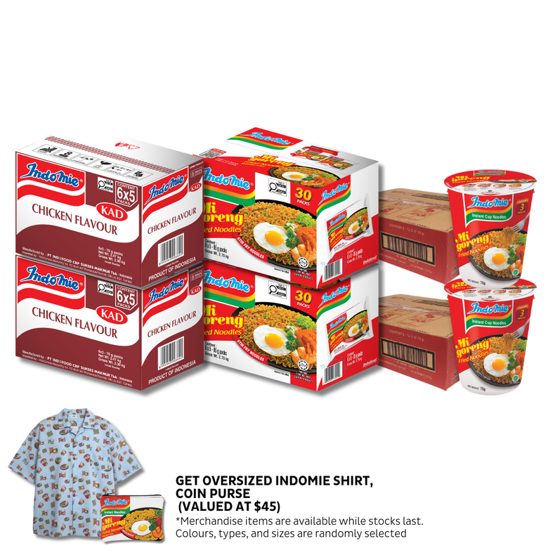 2 Boxes of Mi Goreng Special (2 x 30 pk) + 2 Boxes of Chicken Flavour (2 x 30 pk) + 2 Boxes of Mi Goreng Cup (2 x 12 pk) + Indomie Oversized Shirt + Coin Purse
