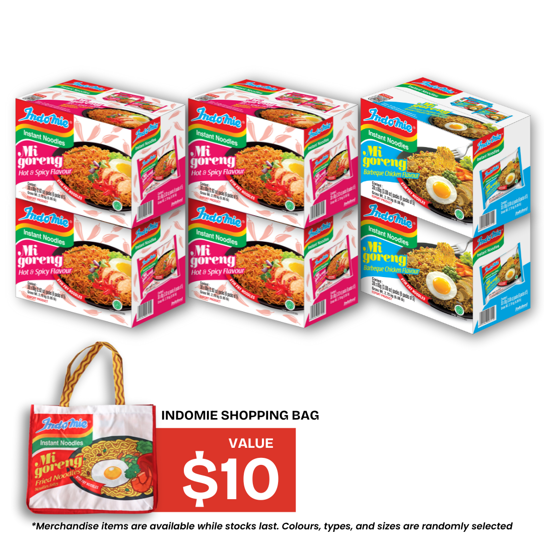 4 Boxes of Mi Goreng Hot & Spicy (4 x 30 pk) [BBD: Jan 2026] + 2 Boxes of Mi Goreng BBQ Chicken (2 x 30 pk) + Shopping Bag