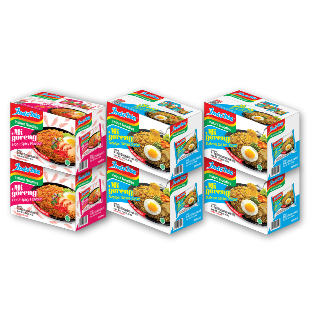 2 Boxes of Mi Goreng Hot & Spicy (2 x 30 pk) [BBD: Jan 2026] + 4 Boxes of Mi Goreng BBQ Chicken (4 x 30 pk)