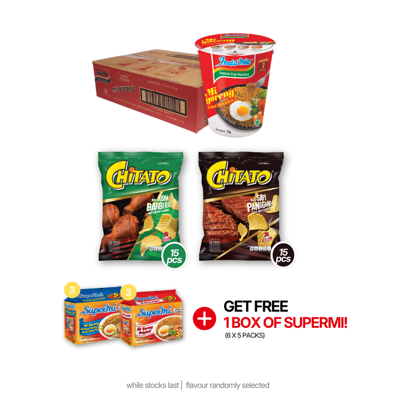 Indomie Mi Goreng Cup (12 cups) + Chitato Beef BBQ Flavour (15 pk) [BBD: Aug 2026] + Chitato BBQ Chicken Flavour (15 pk) [BBD: Aug 2026]