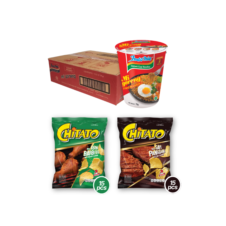 Indomie Mi Goreng Cup (12 cups) [BBD: Sep 2026] + Chitato Beef BBQ Flavour (15 pk) [BBD: Aug 2026] + Chitato BBQ Chicken Flavour (15 pk) [BBD: Aug 2026]