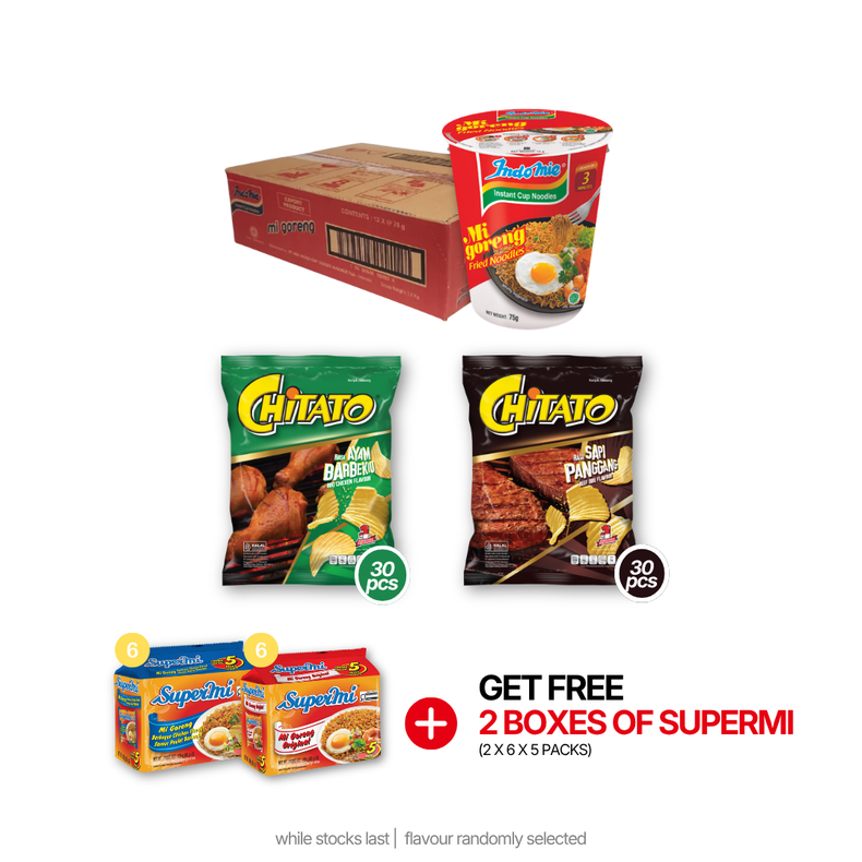Indomie Mi Goreng Cup (12 cups) + Chitato Beef BBQ Flavour (30 pk) [BBD: Aug 2026] + Chitato BBQ Chicken Flavour (30 pk) [BBD: Aug 2026]