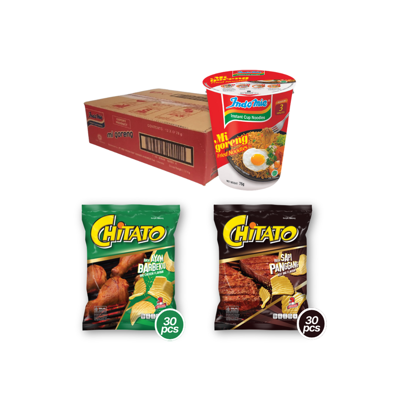 Indomie Mi Goreng Cup (12 cups) [BBD: Sep 2026] + Chitato Beef BBQ Flavour (30 pk) [BBD: Aug 2026] + Chitato BBQ Chicken Flavour (30 pk) [BBD: Aug 2026]