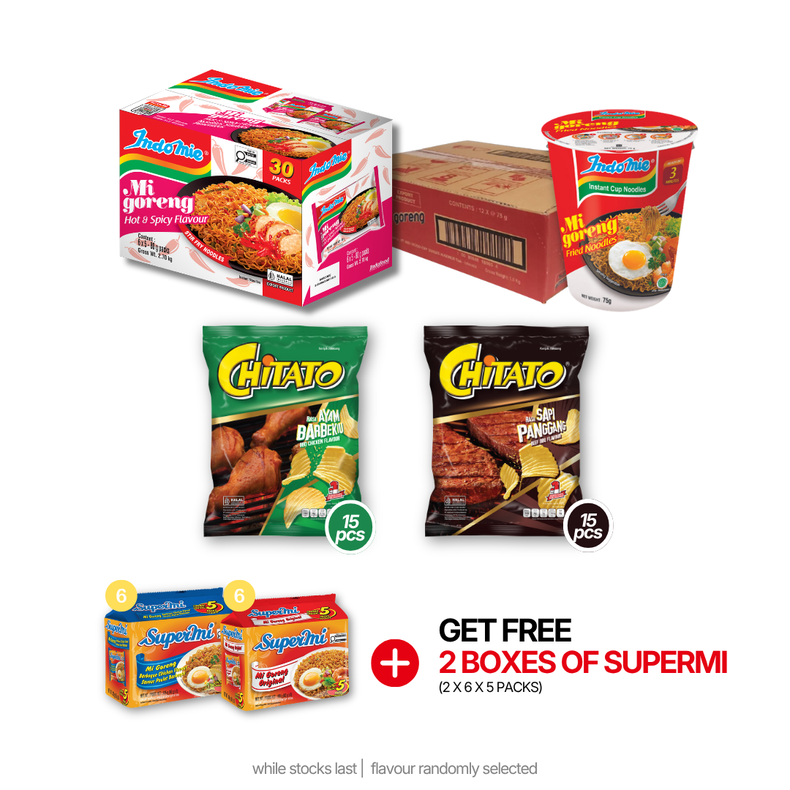 Mi Goreng Hot Spicy Chicken (30 pk) + Indomie Mi Goreng Cup (12 cups) + Chitato Beef BBQ Flavour (15 pk) [BBD: Aug 2026] + Chitato BBQ Chicken Flavour (15 pk) [BBD: Aug 2026]