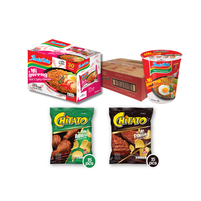 Mi Goreng Hot & Spicy (30 pk) [BBD: Oct 2026] + Indomie Mi Goreng Cup (12 cups) [BBD: Sep 2026] + Chitato Beef BBQ Flavour (15 pk) [BBD: Aug 2026] + Chitato BBQ Chicken Flavour (15 pk) [BBD: Aug 2026]