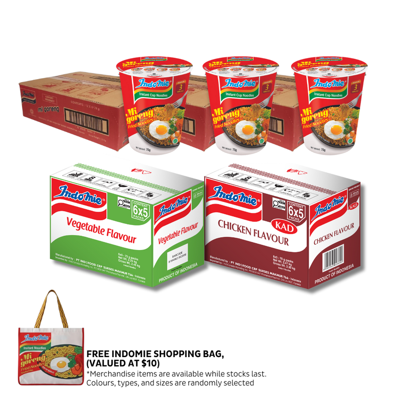 Chicken Flavour (30 pk) + Vegetable Flavour (30 pk) [BBD: Mar 2026] + 3 Boxes of Mi Goreng Cup (3 x 12 pk) + Shopping Bag