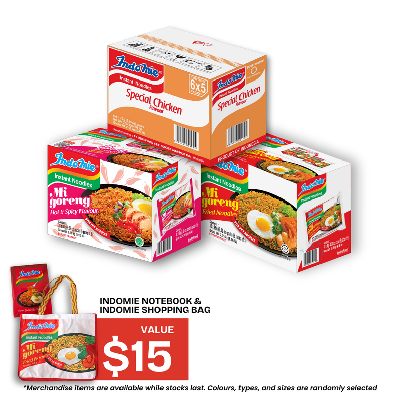 Mi Goreng Special (30 pk) [BBD: Dec 2025] + Mi Goreng Hot & Spicy (30 pk) [BBD: Dec 2025] + Special Chicken Flavour (30 pk) + Shopping Bag + Notebook