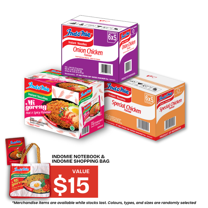 Mi Goreng Hot & Spicy (30 pk) [BBD: Dec 2025] + Special Chicken Flavour (30 pk) + Onion Chicken Flavour (30 pk) + Shopping Bag + Notebook