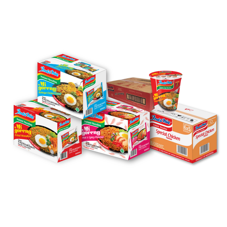 Mi Goreng Special (30 pk) + Mi Goreng Hot & Spicy (30 pk) + Mi Goreng BBQ Chicken (30 pk) + Special Chicken Flavour (30 pk) + Mi Goreng Cup (12 cups)