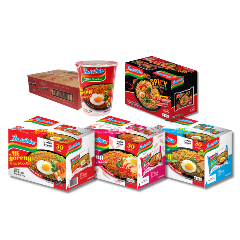 Mi Goreng Special (30 pk) + Mi Goreng Hot & Spicy (30 pk) + Mi Goreng BBQ Chicken (30 pk) + Mi Goreng Hot Spicy Chicken (30 pk) + Indomie Mi Goreng Cup (12 cups)