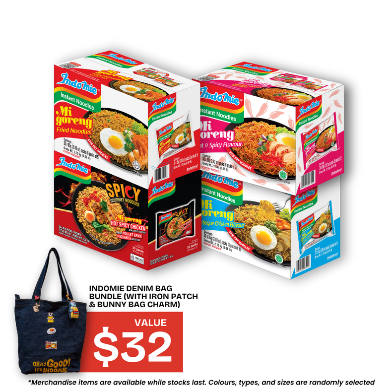 Indomie Mi Goreng Special (30 pk) [BBD: Dec 2025] + Indomie BBQ Chicken (30 pk) + Indomie Hot & Spicy (30 pk) [BBD: Dec 2025] + Indomie Hot Spicy Chicken (30 pk) + Denim Bag Set (with Iron Patch & Bunny Bag Charm)
