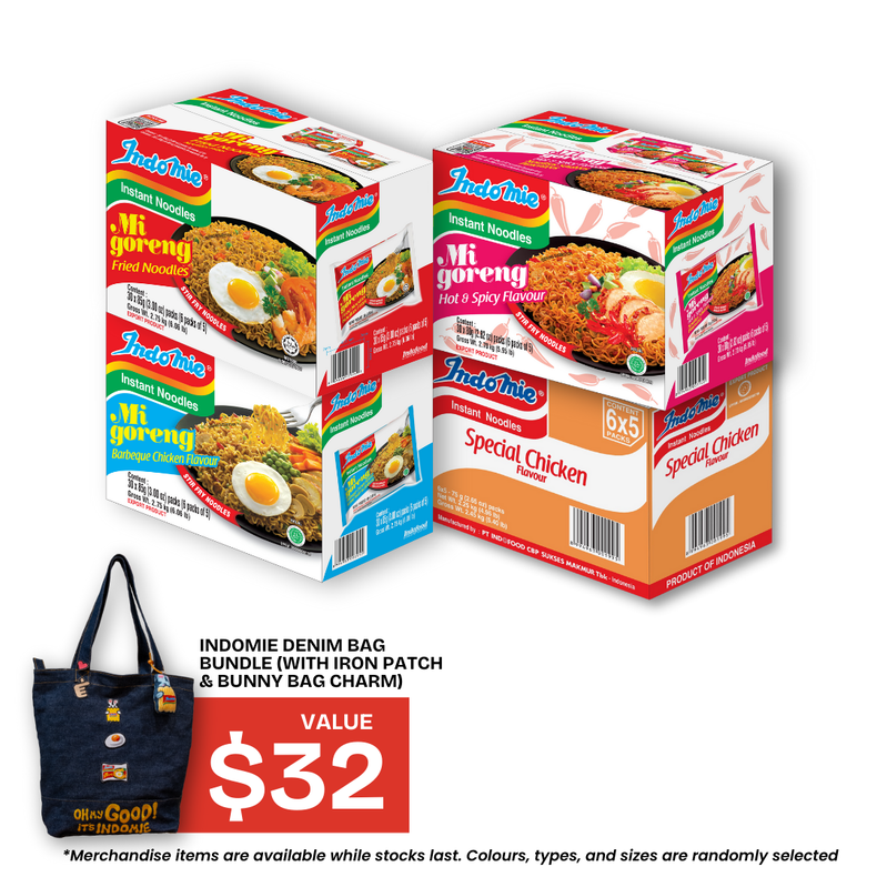 Indomie Mi Goreng Special (30 pk) [BBD: Dec 2025] + Mi Goreng Hot & Spicy (30 pk) [BBD: Dec 2025] + Mi Goreng BBQ Chicken (30 pk) + Special Chicken Flavour (30 pk) + Denim Bag Set (with Iron Patch & Bunny Bag Charm)