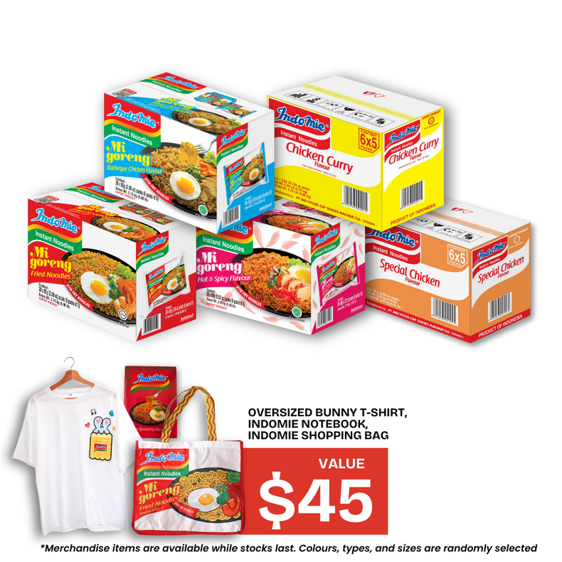 Mi Goreng Special (30 pk) [BBD: Dec 2025] + Mi Goreng Hot & Spicy (30 pk) [BBD: Dec 2025] + Mi Goreng BBQ Chicken (30 pk) + Special Chicken Flavour (30 pk) + Chicken Curry Flavour (30 pk) + Oversized Bunny T-Shirt + Shopping Bag +Notebook
