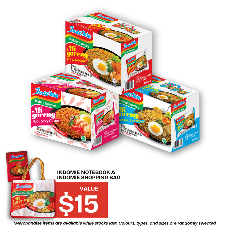 Mi Goreng Special (30 pk) [BBD: Dec 2025] + Mi Goreng Hot & Spicy (30 pk) [BBD: Dec 2025] + Mi Goreng BBQ Chicken (30 pk) + Shopping Bag + Notebook