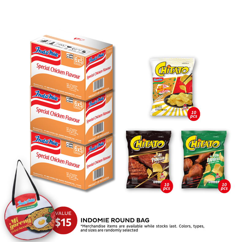 3 Boxes of Special Chicken Flavour (3 x 30 pk) + Chitato Mix Variant - BBQ Chicken (10 pcs) + Beef BBQ (10 pcs) + Mi Goreng (10 pcs) [BBD: Mar 2026] + Indomie Round Bag