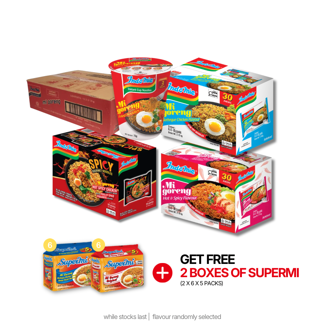 Mi Goreng Hot & Spicy (30 Pk) [BBD: Oct 2026] + Mi Goreng Hot Spicy Chicken (30 Pk) + Mi Goreng BBQ Chicken (30 Pk) [BBD: Sep 2026] + Indomie Mi Goreng Cup (12 Cups) [BBD: Sep 2026]