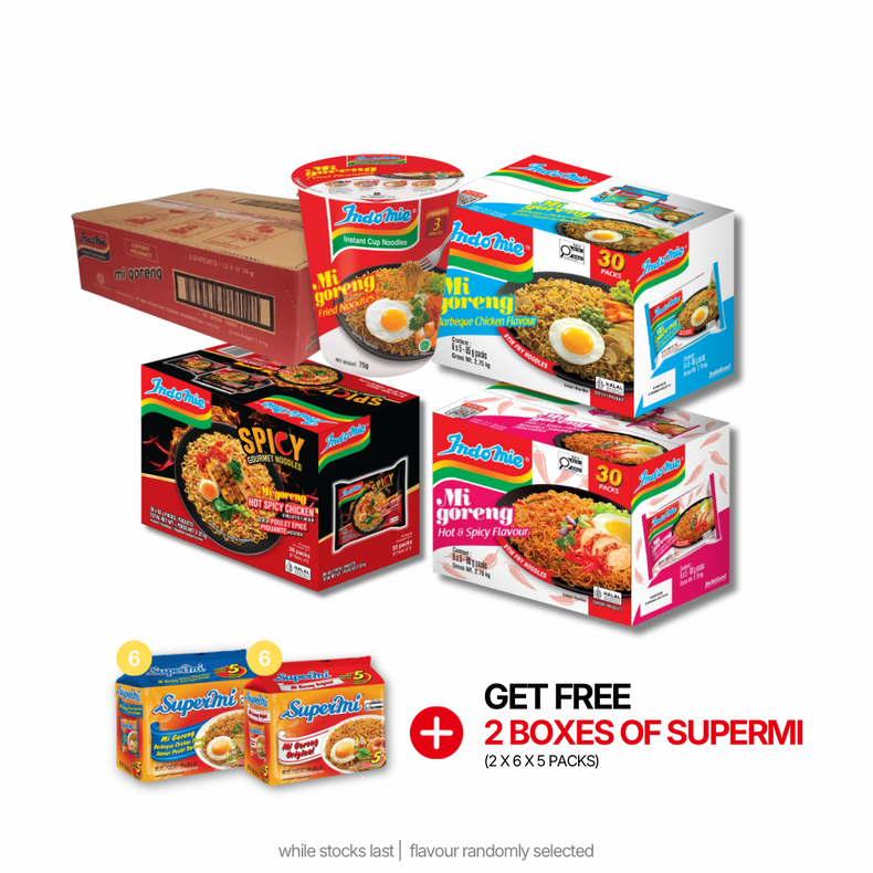 Mi Goreng Hot & Spicy (30 Pk) [BBD: Oct 2026] + Mi Goreng Hot Spicy Chicken (30 Pk) + Mi Goreng BBQ Chicken (30 Pk) [BBD: Sep 2026] + Indomie Mi Goreng Cup (12 Cups) [BBD: Sep 2026]