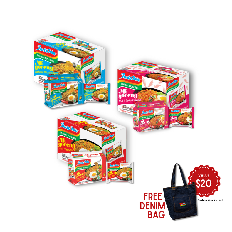 Indomie Mi Goreng Special (30 pk)  [BBD: Nov 2025] + Indomie BBQ Chicken (30 pk) + Indomie Hot & Spicy (30 pk) [FREE DENIM BAG]