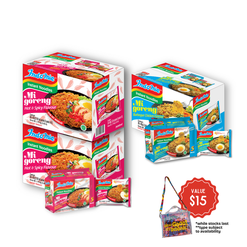 2 Boxes of Mi Goreng Hot & Spicy (2 x 30 pk) + Indomie Mi Goreng BBQ Chicken (30 pk) [FREE RAINBOW BAG]