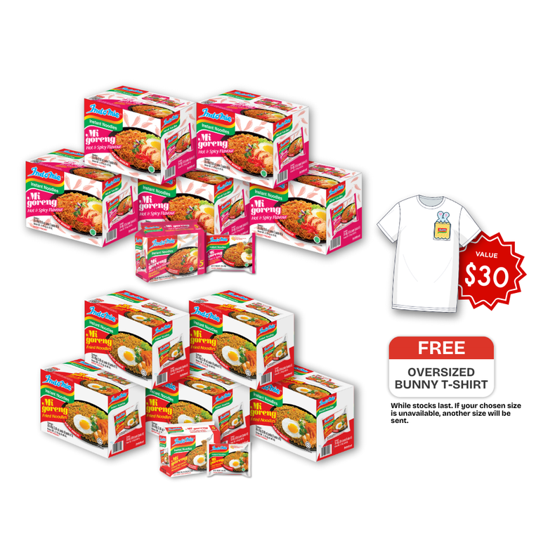 5 Boxes of Mi Goreng Special (5 x 30 pk)  [BBD: Nov 2025] + 5 Boxes of Mi Goreng Hot & Spicy (5 x 30 pk) [FREE BUNNY T-SHIRT]