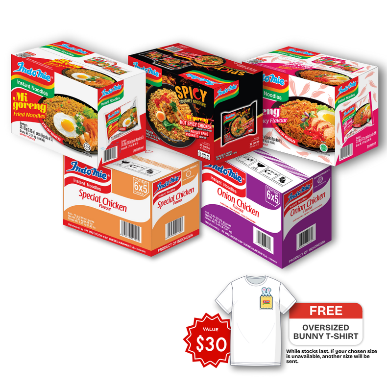 Mi Goreng Special (30 pk) [BBD: Nov 2025] + Mi Goreng Hot Spicy Chicken (30 pk) + Mi Goreng Hot & Spicy (30 pk) + Special Chicken Flavour (30 pk) + Onion Chicken Flavour (30 pk) [FREE BUNNY T-SHIRT]