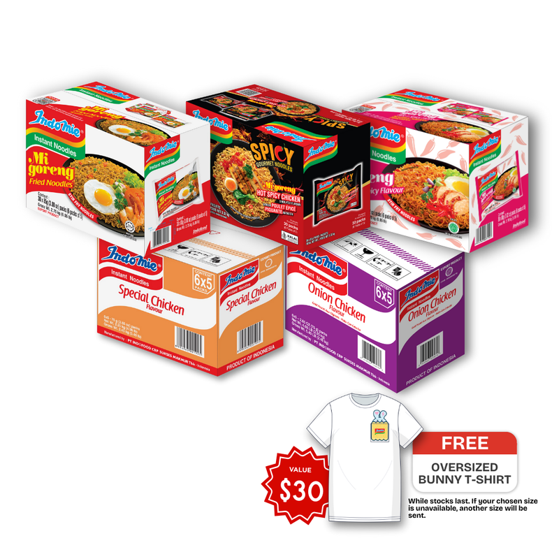 Mi Goreng Special (30 pk) [BBD: Nov 2025] + Mi Goreng Hot Spicy Chicken (30 pk) + Mi Goreng Hot & Spicy (30 pk) + Special Chicken Flavour (30 pk) + Onion Chicken Flavour (30 pk) [FREE BUNNY T-SHIRT]