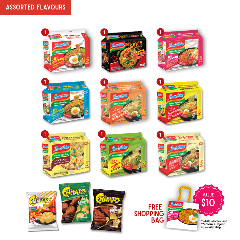 Assorted Flavours - 9 Indomie Flavours (45 pk) + 3 pcs Chitato Potato Chips [FREE Shopping Bag]