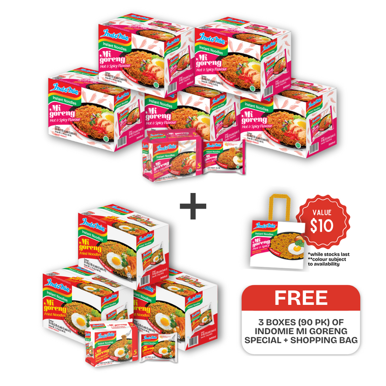 5 Boxes of Mi Goreng Hot & Spicy (5 x 30 pk) + FREE 3 BOXES INDOMIE MI GORENG SPECIAL (90 pk) [BBD: Nov 2025] + SHOPPING BAG
