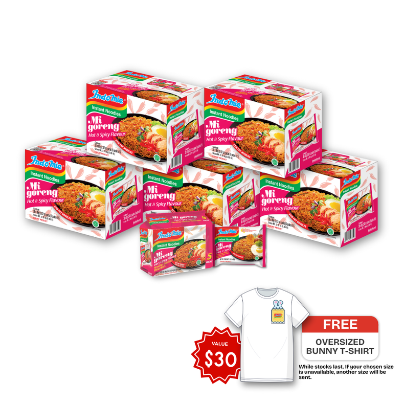 5 Boxes of Mi Goreng Hot & Spicy (5 x 30 pk) [FREE BUNNY T-SHIRT]