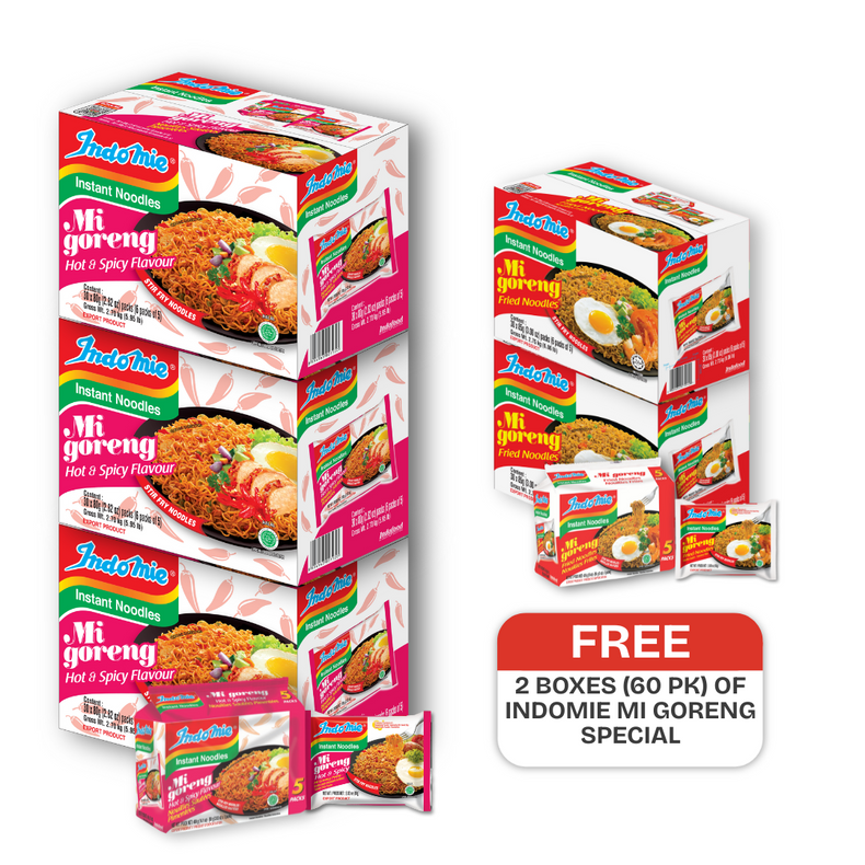 3 Boxes of Mi Goreng Hot & Spicy (3 x 30 pk) + FREE 2 BOXES INDOMIE MI GORENG SPECIAL (60 pk) [BBD: Nov 2025]