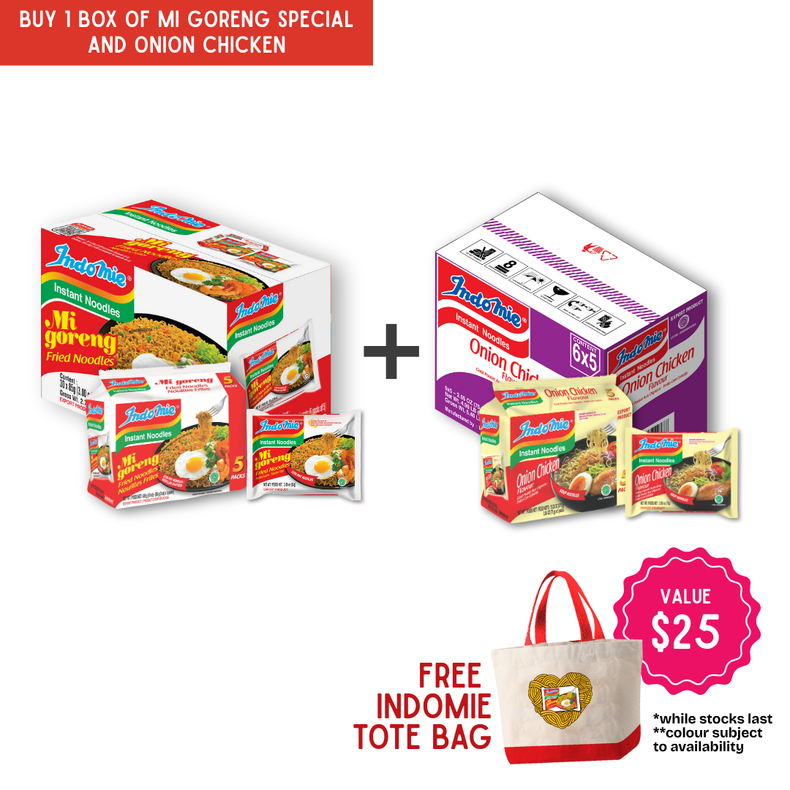 Indomie Mi Goreng Special (30 pk) [BBD: Nov 2025] + Indomie Onion Chicken (30 pk) [FREE INDOMIE TOTE BAG]