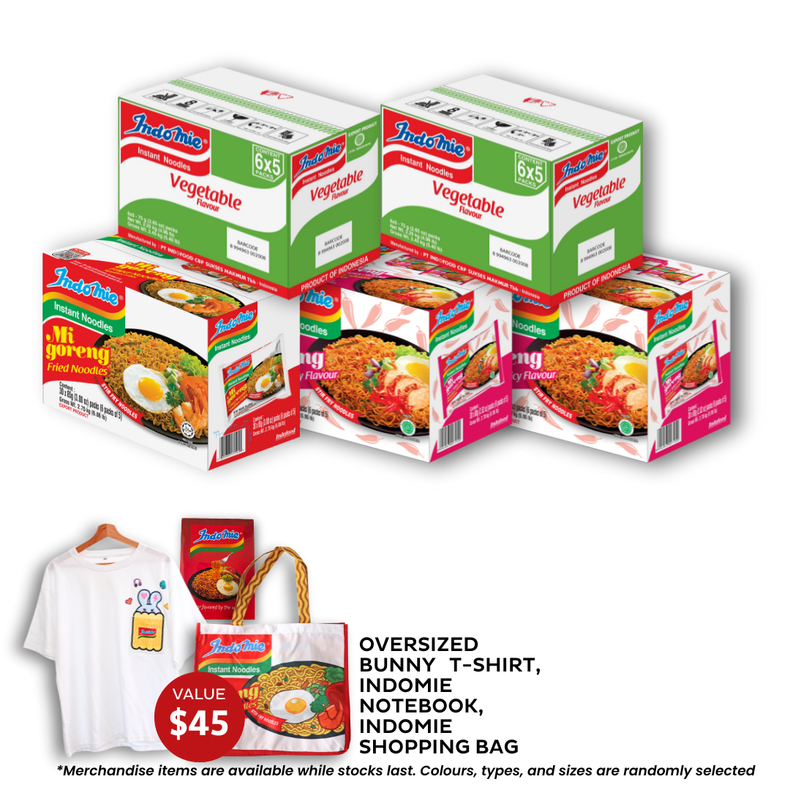 Mi Goreng Special (30 pk) [BBD: Mar 2026] + 2 Boxes of Vegetable Flavour (2 x 30 pk) [BBD: Mar 2026] + 2 Boxes of Mi Goreng Hot & Spicy (2 x 30 pk)  + Oversized Bunny T-Shirt + Shopping Bag + Notebook