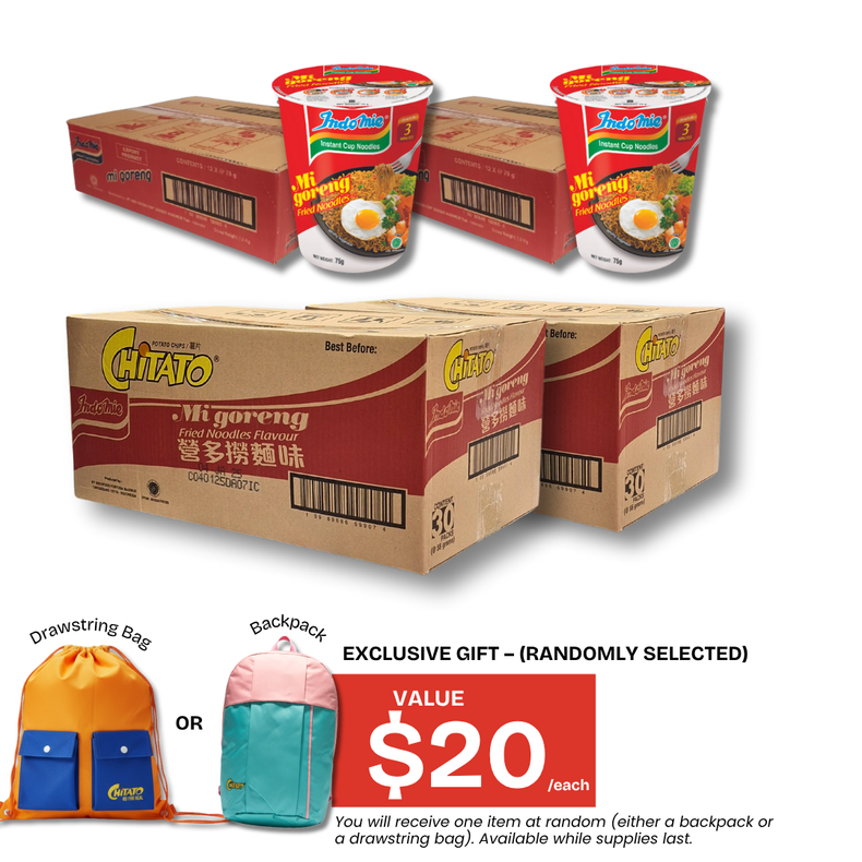 2 Boxes of Chitato Potato Chips Mi Goreng (60 x 1 pk) +  2 Boxes of Mi Goreng Cup (2 x 12 cups) + Exclusive Chitato Bag
