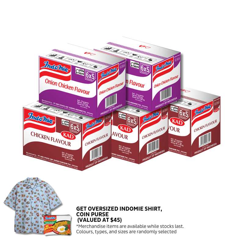 3 Boxes of Chicken Flavour (3 x 30 pk) + 2 Boxes of Onion Chicken Flavour (2 x 30 pk) + Oversized Indomie Shirt + Coin Purse